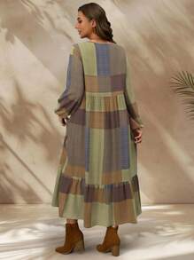 EMERY ROSE Plus Size Plaid Print Tie Collar Ruffle Hem Long Sleeve Dress, Winter Dress - Green - View 2