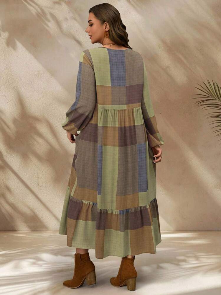 Plus Size Plaid Print Tie Collar Ruffle Hem Long Sleeve Dress, Winter Dress