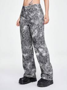 ROMWE Grunge Punk Celana Jeans Longgar Pinggang Rendah Motif Leopard Gaya Punk Vintage dengan Efek Usang - Dark Grey - View 4