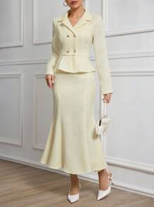 Modelyn 2pcs/Set Women Fall Plain Collar Jacket And High-End Skirt Apricot Suit 2 Pieces Set