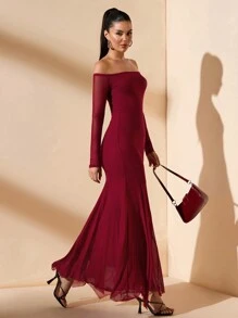 SHEIN BAE Women's Off-Shoulder Long Sleeve Dress, Elegant And Sexy Party & Evening Gown For Christmas, New Year, Romantic Date, Wedding, Wine Red - Burgundy - View 1