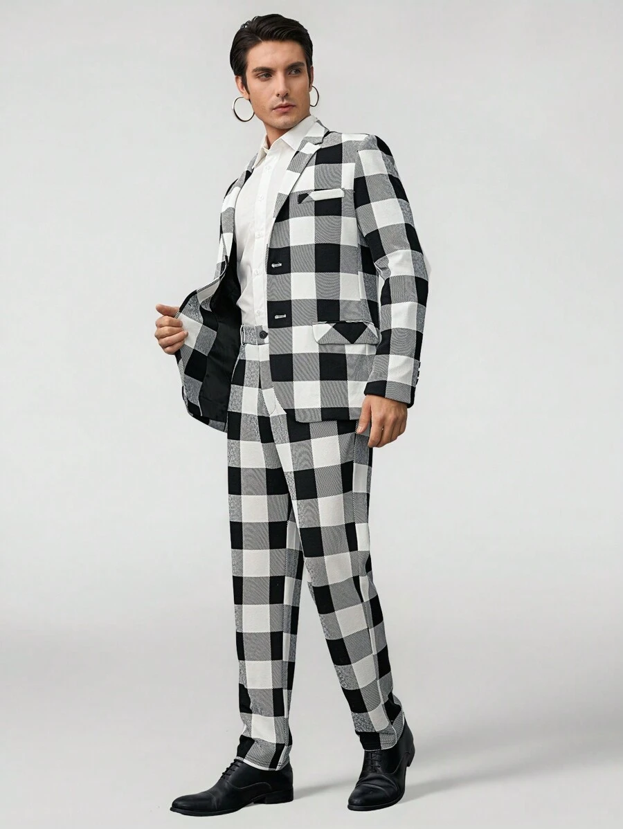 Manfinity VCAY Men's Knitted Blazer Jacket With Notched Lapel Collar And Plaid Pattern - Multicolor - View 1