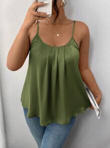 SHEIN Frenchy Plus Size Solid Color Ruched Spaghetti Strap Cami Top, Casual Everyday Wear - Green - View 3