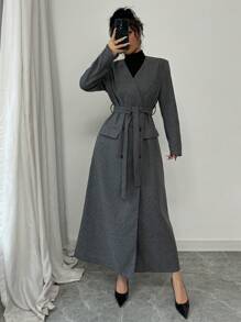 Elenzga Women's Solid Color V-Neck Double-Breasted Overcoat With Belt, Autumn/Winter - Grey - View 1