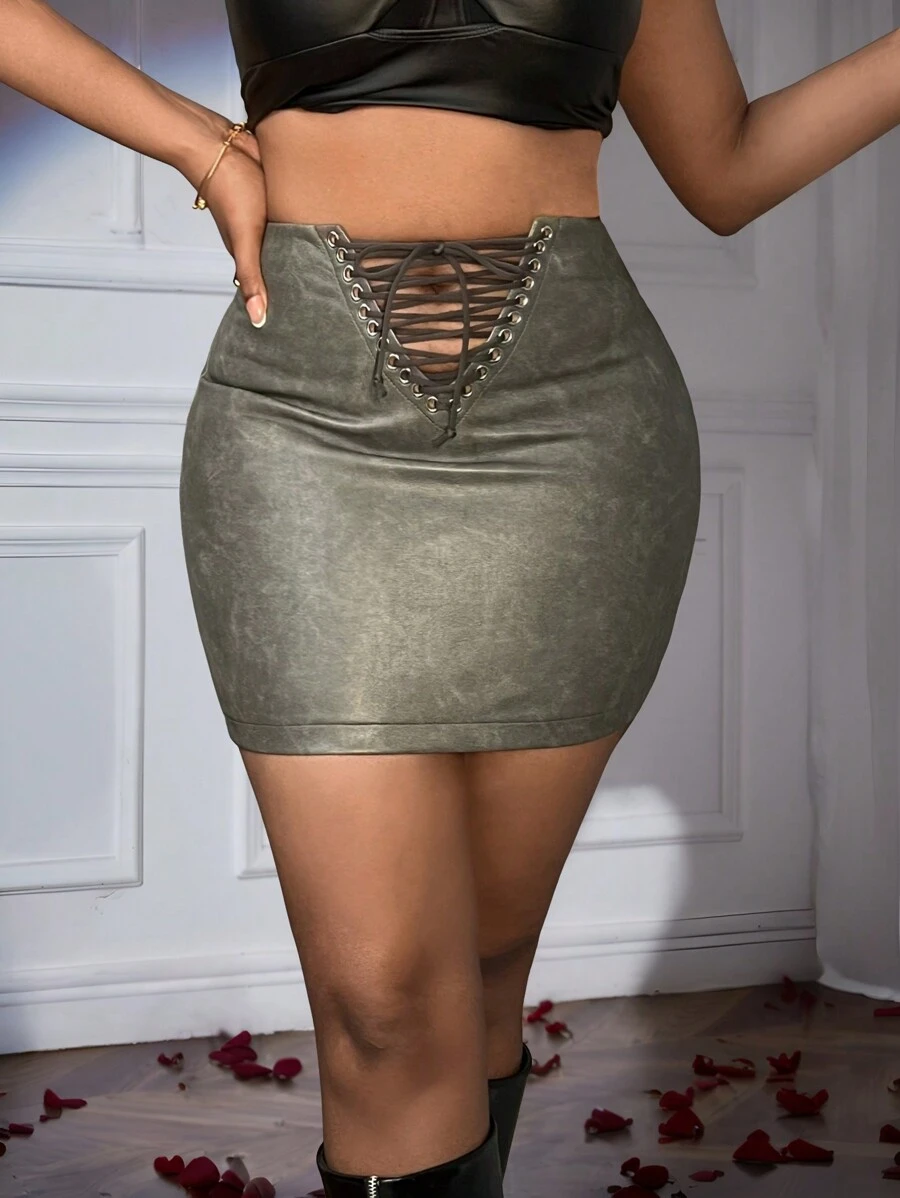 Slaydiva Women's PU Leather Lace-Up Bodycon Mini Skirt