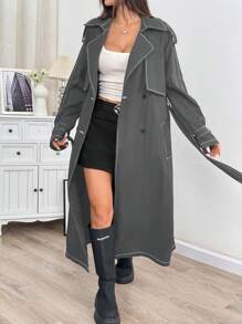 Muchica Black Double Breasted Belted Trench Coat - Grey - View 5