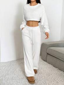 SHEIN EZwear 2pcs/Set Women Solid White Oversized Drop Shoulder Cropped Sweatshirt And Drawstring Waist Wide Leg Pants, Autumn/Winter