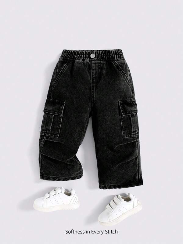 Cozy Pixies Pantalones vaqueros anchos y sueltos para bebés niños con cintura elástica, lavado de piedra, bolsillos laterales, diseño casual y versátil para uso diario y actividades al aire libre