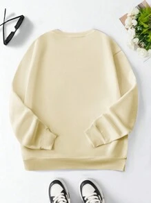 SHEIN EZwear 女士圣诞图案宽松圆领抓绒套头衫秋季卫衣 - 杏色 - 查看 2