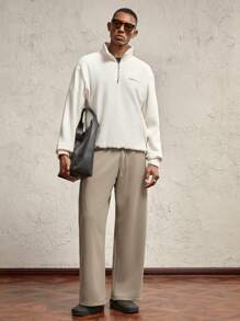 AKNOTIC Business Casual Men's Khaki Knit Loose Straight-Leg Casual Pants, Drawstring Elastic Waist, Suitable For Daily Wear In Autumn/Winter, With Letter Branding & Metal Decor - Khaki - View 7