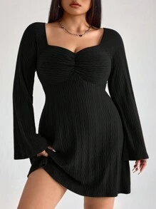 SHEIN ICON Plus Size Women's Square Neck Ruched A-Line Flare Sleeve Dress, Autumn Dress - Black - View 1