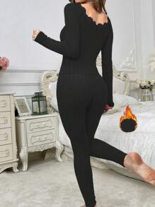 天鹅绒纹理罗纹V领拼接蕾丝女士保暖套装，秋冬 - 黑色 - 查看 2