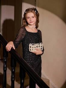 Elegancka sukienka dla dziewcząt z cekinami i kwadratowym dekoltem, dopasowana, idealna na imprezy i wydarzenia wiosną i jesienią, czarna sukienka, sukienka świąteczna, sukienka imprezowa