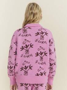 SHEIN Blusa casual de manga larga con estampado gráfico y detalle de botones delanteros para niñas preadolescentes - Rosa - Ver 2