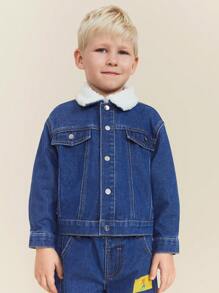 SHEIN 小男孩蓬松领单排扣长袖牛仔夹克，秋冬 - 藍色 - 查看 1