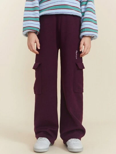 SHEIN Tween Boy Letter Print Cargo Pocket Casual Sweater Pants, Autumn/Winter