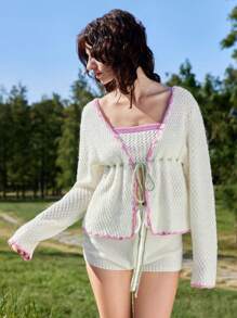 Skyraze Women Colorblock Long Sleeve White Cardigan