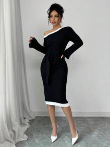SHEIN Unity Vestido ajustado con bloque de color asimétrico, lazo delantero y volantes en el bajo - Negro - Ver 4