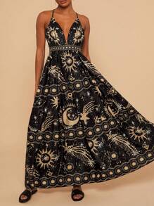 Travachic Vestido de espalda abierta con estampado de constelación trenzado, estampado de estrellas y luna, relajante y romántico para vacaciones junto al mar (el bajo es amplio)