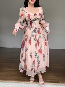 DAZY 方领满花印花灯笼袖女士中长连衣裙，秋装长袖连衣裙