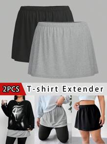 SHEIN CURVE+ Juego de 2 piezas de talla grande para mujeres de primavera, verano, otoño e invierno, que incluye una camisa informal combinable, una falda con bajo por capas y una minifalda, en negro, blanco y varios colores - Multicolor - Ver 1