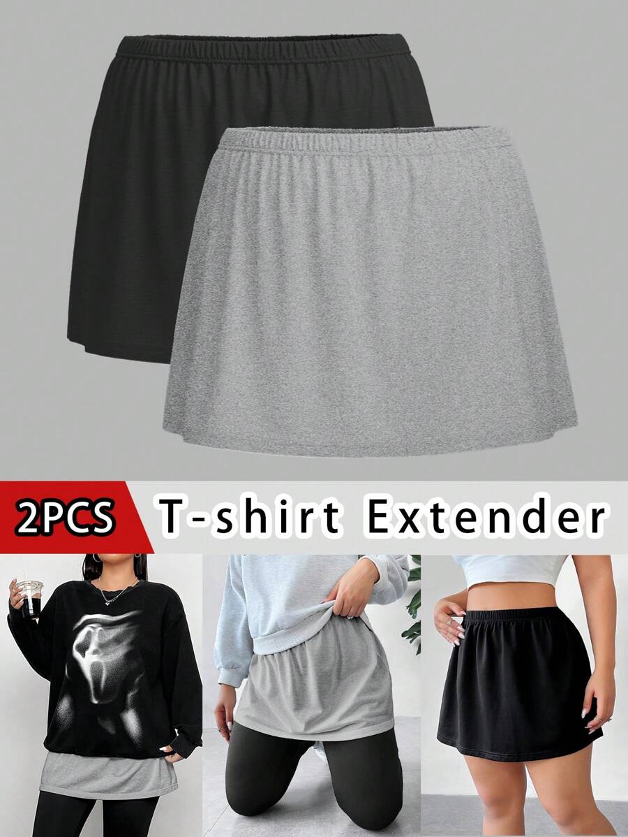 SHEIN CURVE+ Juego de 2 piezas de talla grande para mujeres de primavera, verano, otoño e invierno, que incluye una camisa informal combinable, una falda con bajo por capas y una minifalda, en negro, blanco y varios colores - Multicolor - Ver 1