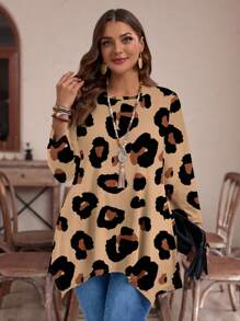 EMERY ROSE Casual Minimalist Full Print Leopard Pattern Loose Fit Long Sleeve T-Shirt, Plus Size, Spring And Autumn - Multicolor - View 4