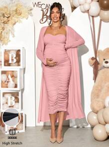 Loomaby 2pcs/Set Maternity Solid Long Sleeve Casual Jacket & Dress Set