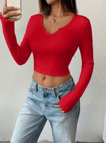 SHEIN 1 件女式纯色 V 领长袖休闲衬衫 - 紅色 - 查看 5