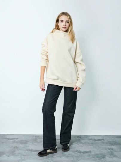 Lunelith SHEIN Lunessa 1pc Women Apricot Color Stand Collar Loose Fit Long Sleeve Sweatshirt, Casual & Versatile For Autumn/Winter Pullover Fall Outfit