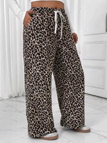 SHEIN Frenchy Pantalon casual à cordon de serrage imprimé léopard pour femmes en grandes tailles, simple et pour un port casual quotidien