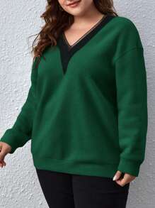SHEIN LUNE Sudadera con capucha de corte holgado con bloque de color y cuello en V talla grande, nuevo outfit para otoño / invierno, vestido de fiesta verde para Navidad y Año Nuevo, atuendo de mujer para cumpleaños, ropa de mujer para otoño