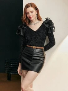 MOTF PREMIUM FLUFFY KNIT RUFFLE TRIM TOP - Black - View 2