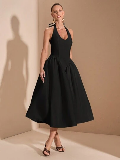 SHEIN BAE 纯色白色深 V 领收腰喇叭裙，适合毕业派对、正式场合、鸡尾酒会、浪漫约会、秋冬休闲装、派对聚会、夜总会、婚礼伴娘礼服、夜间外出、万圣节、圣诞节