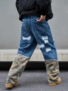 Manfinity EMRG Men's Camouflage Print Ripped Pocket Casual Versatile Denim Jeans