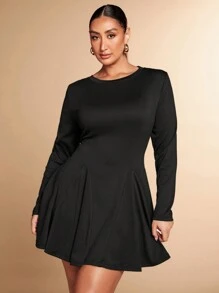 SHEIN BAE Plus Size Solid Color Long Sleeve Casual Dress, Minimalist & Fashionable For Everyday Wear Women's Black Solid Sweet Casual Round Neck Long Sleeve Simple Ruffle Hem Short Mini Dress/Black Homecoming Dress Cocktail Party, Birthday Party, Christmas, New Year, Holiday Dresses, Prom Dresses