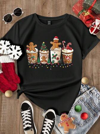 SHEIN LUNE Casual Gingerbread Man Print Crew Neck Short Sleeve Fitted Women T-Shirt, Suitable For Autumn/Winter Cute Graphic Tees For Women Christmas Shirt