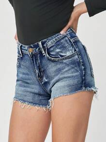 SHEIN EZwear Heart Embroidery Raw Hem Denim Shorts - Medium Wash - View 3