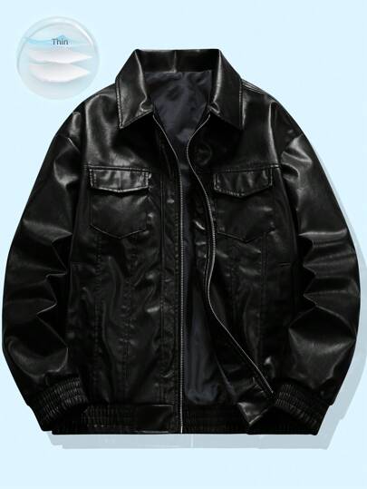 Manfinity LEGND Jaqueta Rave masculina de corte solto, bolso com aba, couro sintético, zíper frontal