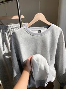 SHEIN EZwear 大码女式运动套装，纯色圆领长袖简约休闲上衣和裤子两件套，羊毛，女士冬季服装