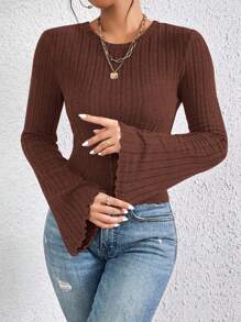 SHEIN Frenchy Lettuce Trim Trumpet Sleeve Ribbed Textured Fabric Special Sleeve Knit Tee Winter Brown Casual Spring - Coffee Brown - View 3