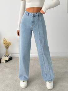 EURMUSE HIGH WAIST FRONT SEAM DETAILED LOOSE STRAIGHT LEG JEAN - Light Wash - View 5