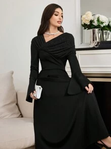 Modelyn Đầm dạ hội dài tay loe xẻ tà viền bạc và vàng cho nữ - màu đen - Xem 7
