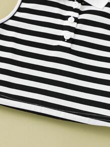 Young Girl Knit Stripe Polo Neck Fitted Casual Cropped Tank Top - Black and White - View 4