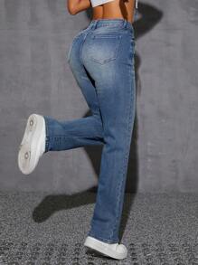 SHEIN EZwear 休闲洗水做旧中腰牛仔裤 - 藍色 - 查看 3