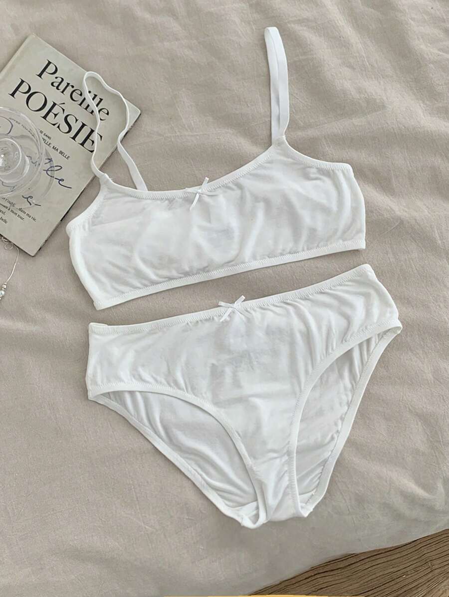 SHEIN 少女简约舒适蝴蝶结装饰吊带背心和柔软三角内裤套装，2 件纯色贴身衣物 - 白色 - 查看 1