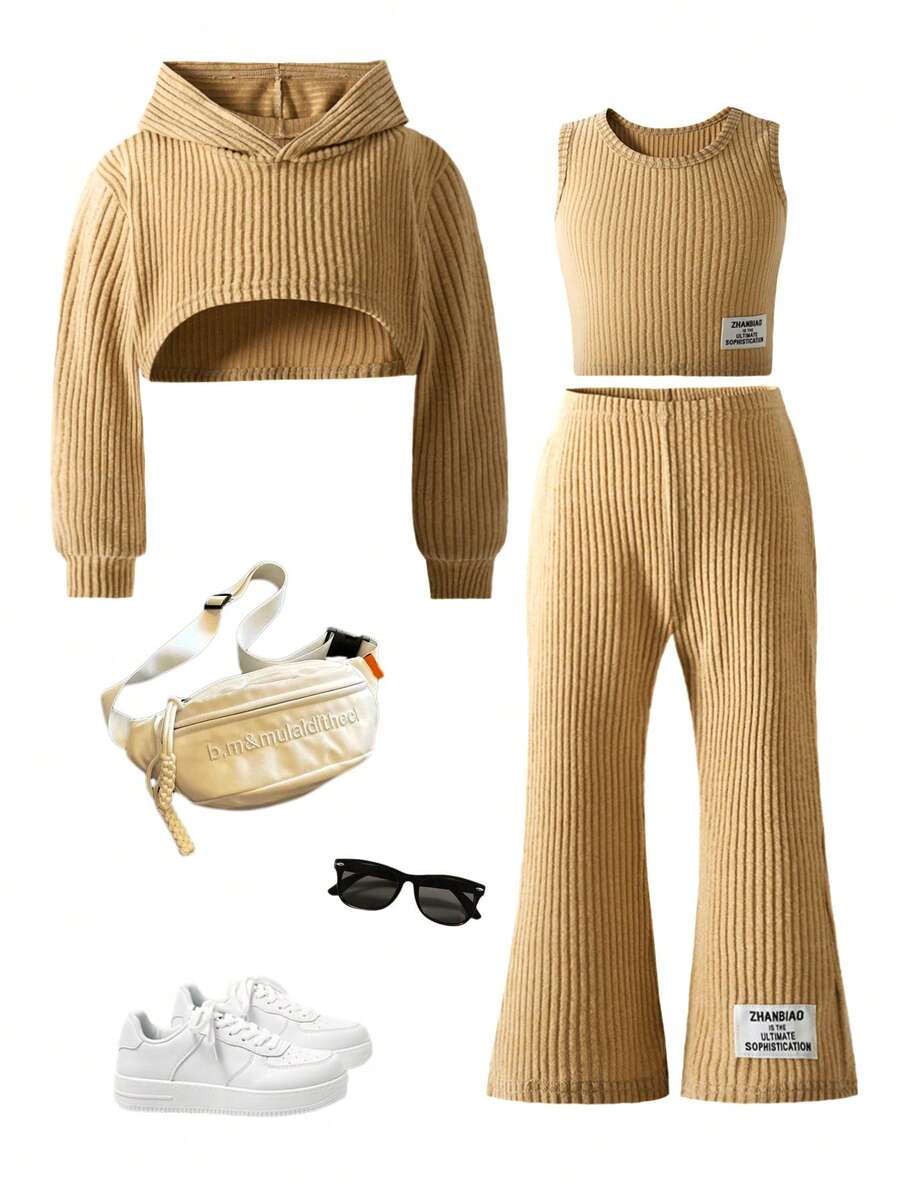 SHEIN 3pcs/Set Girls Casual Ribbed Long Sleeve Hooded Sweatshirt + Patched Decor Vest + Flared Pants Warm Outfit, Comfortable For Autumn/Winter Daily Wear, Create Fashionable Look