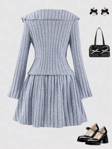 SHEIN Tween Girl Casual Ribbed Ruffle V-Neck Top And Bow Knot Skirt, 2 Pieces Set, Suitable For Daily Wear In Fall And Spring And Winter - Grey - View 2