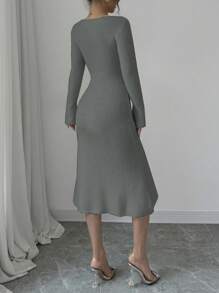Calvaya Vestido suéter de manga larga con escote en V de unicolor, ajustado, hecho a mano a crochet