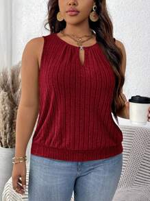 SHEIN LUNE Plus Size Ribbed Gold Buckle Teardrop Tank Top - Burgundy - View 1